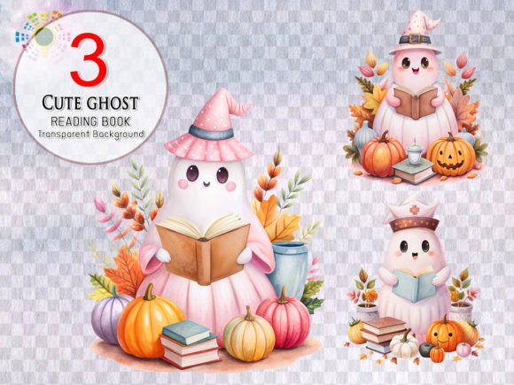 Download Cute Ghost Reading Book HalloweenClipart - Premium Resources
